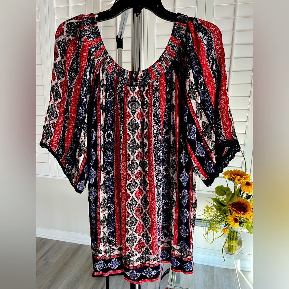 DRESS BARN WESTPORT 1962 Multi-color Peasant Style Off/On Shoulder Top Size XL